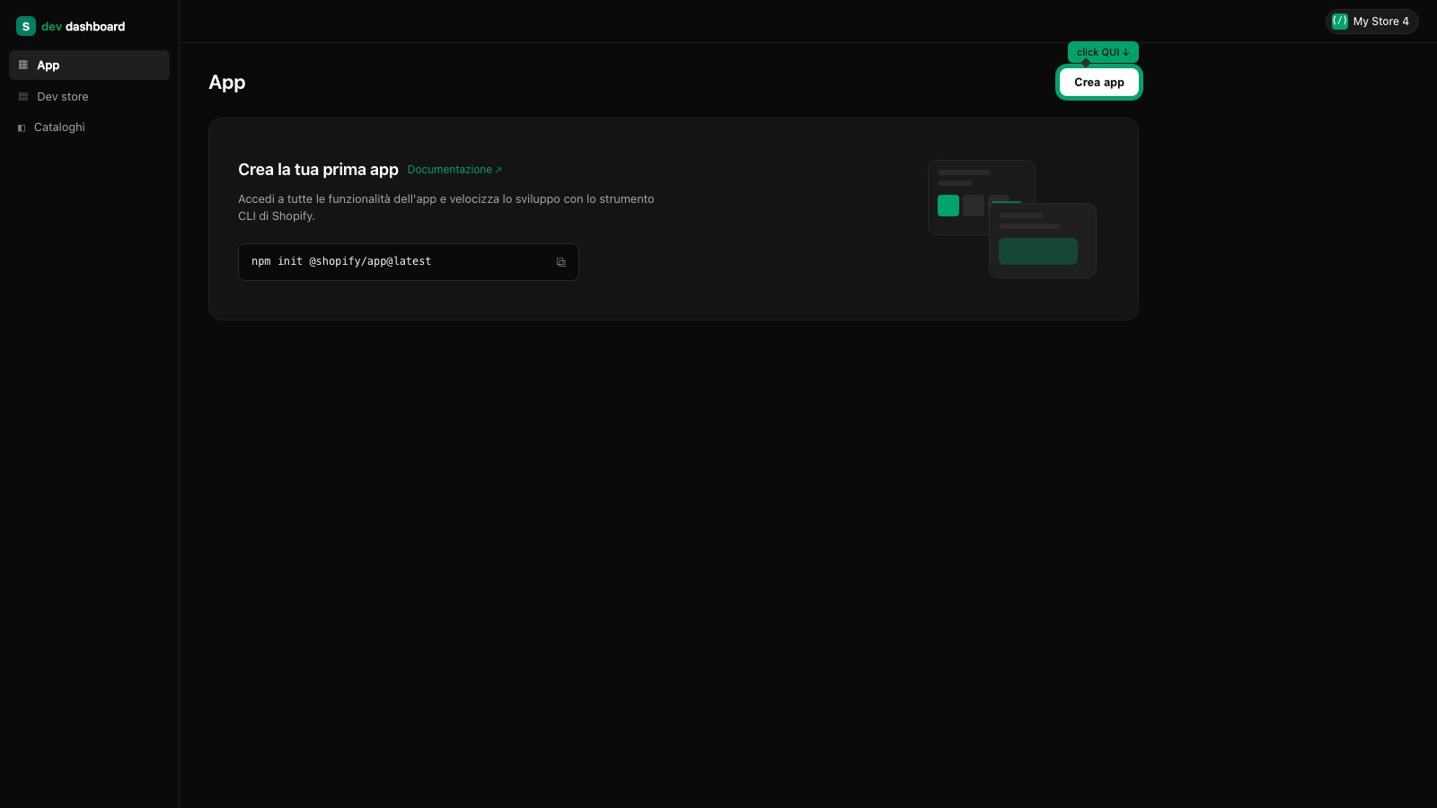 Shopify Dev Dashboard — pagina "Crea un'app" con due card affiancate: a sinistra "Inizia con lo strumento CLI di Shopify" (opacizzato), a destra "Inizia dalla Dev Dashboard" con campo "Nome app" evidenziato compilato con WooshPayment e bottone "Crea"