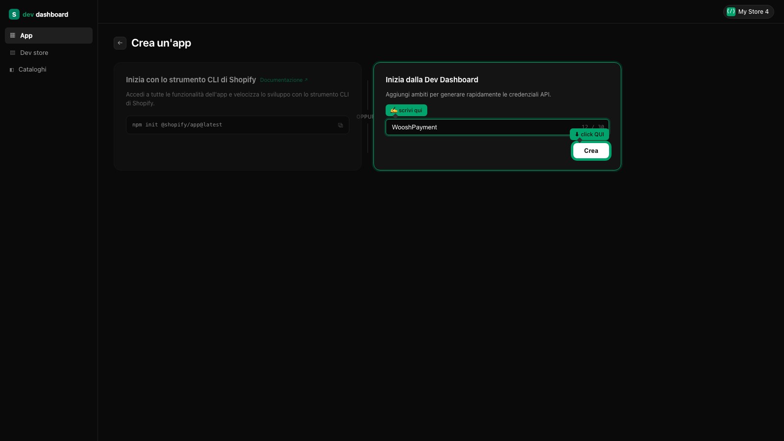 Shopify Dev Dashboard — pagina "Crea versione" dark theme con sezione URLs: campo "URL app" compilato, banner rosso con checkbox "Incorpora l'app nel pannello di controllo Shopify" NON spuntato