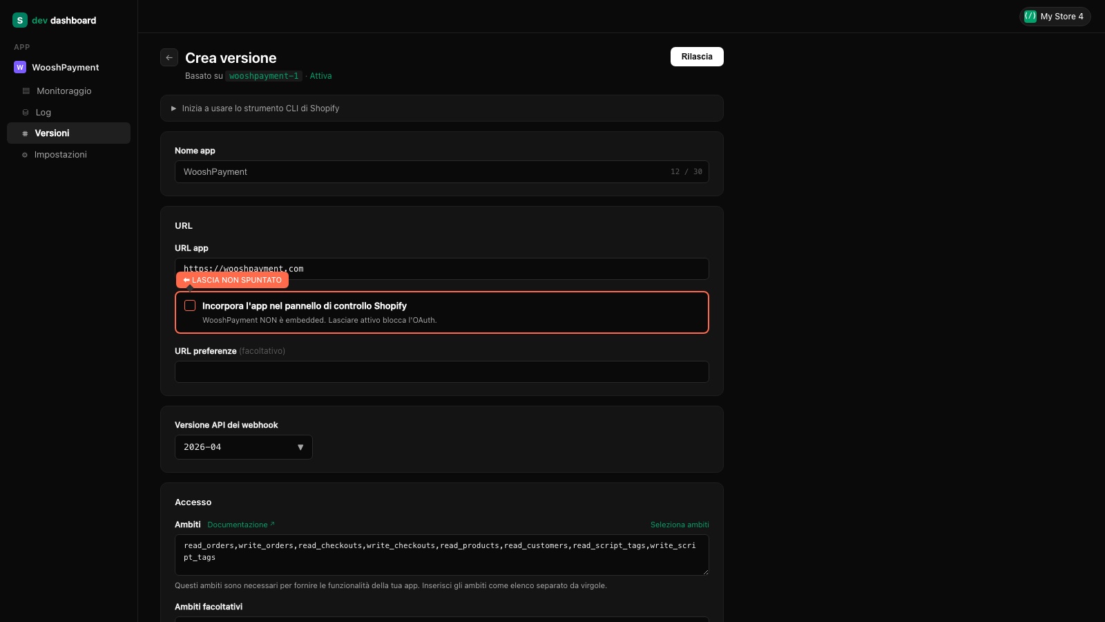 Shopify Dev Dashboard — pagina "Crea versione" sezione "Accesso" con textarea "Ambiti" compilata comma-separated con tutti gli 8 scope, textarea "URL di reindirizzamento" sotto