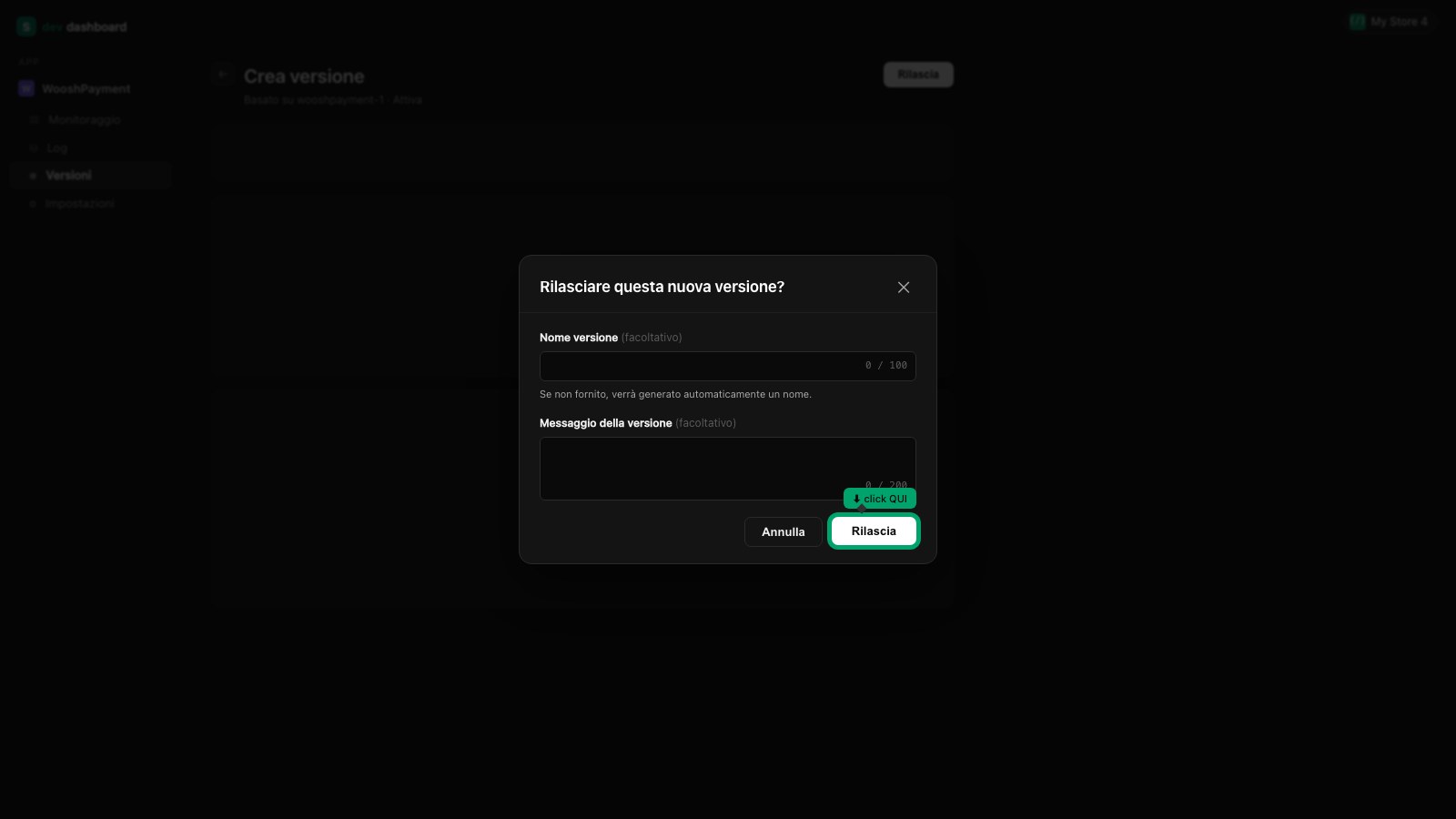 Shopify Dev Dashboard — modal "Rilasciare questa nuova versione?" con campi "Nome versione" e "Messaggio della versione" facoltativi, bottone "Rilascia" evidenziato