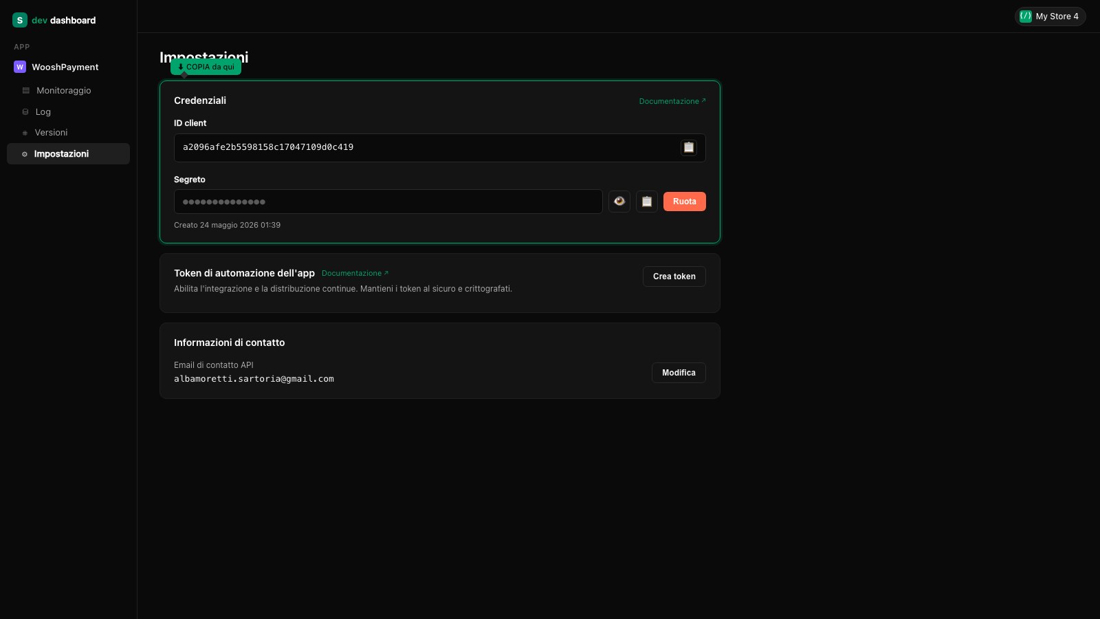 Shopify Dev Dashboard — sidebar Impostazioni attiva, card "Credenziali" con ID client visibile in chiaro e Segreto mascherato con icone 👁 Reveal, 📋 Copy e bottone rosso "Ruota"